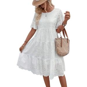 Chouyatou Women's Lace Eyelet Short Sleeve Tiered Midi Long Dress Ruffle Hem Babydoll Short Dress, XL