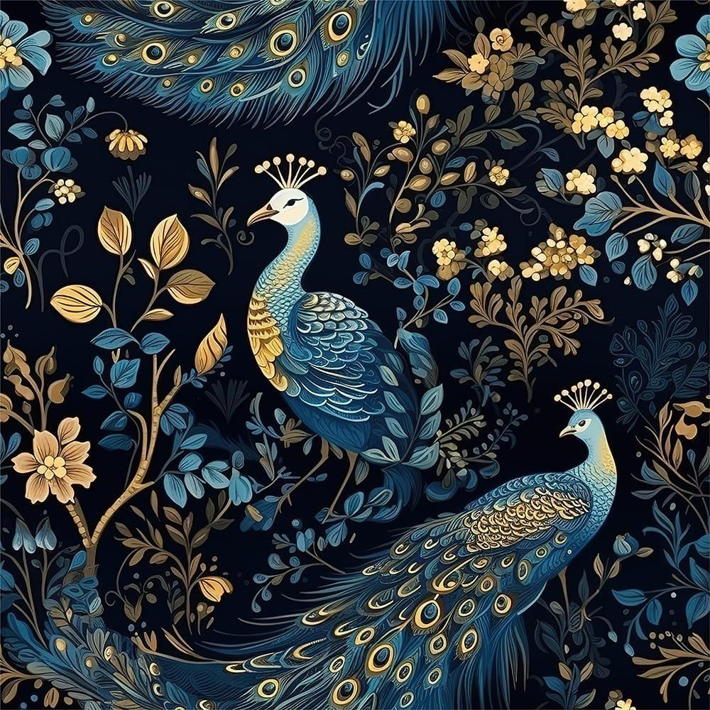 REDAMANCY Gold/Yellow/Blue Peacock Animal Plants Dark Black Peel and Stick Wallpaper Stick on Contact Paper Vintage Wall Paper Easy Peel Off for nightstand Drawer Cabinet Renter