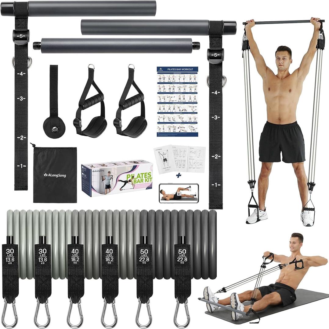 Upgraded Pilates Bar Kit with Resistance Bands Natural Latex for Women & Men, Heavy-Duty Stainless Steel Multifunctional Yoga Pilates Stick for Home Gym Exercise Fitness Equipment Full-Body Workouts (Grey Blue(30/40/50lbs))