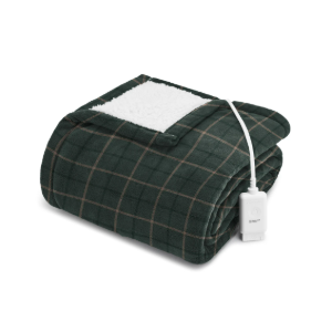 Sunbeam Oversized Microplush & Sherpa Heated Throw - Green Plaid 60x70