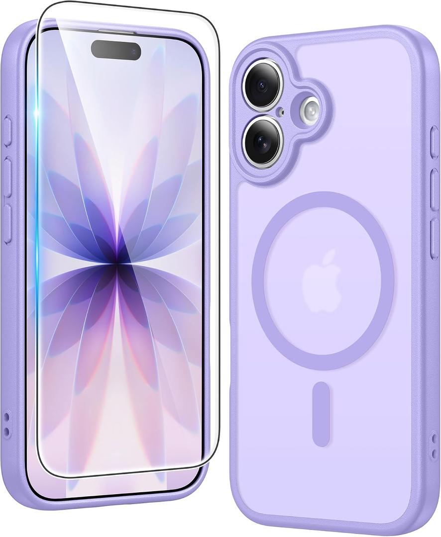 FNTCASE for iPhone 17 Case Matte: Magnetic Phone Cases with Screen Protector Drop Proof Compatible with Magsafe Slim Anti Yellowing Rugged Protective Translucent Cell Phone Cover (C-Purple)