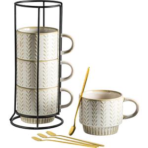 Miamolo Coffee Mugs Set of 4 with Spoons & Stand, Stackable Espresso Cups 13oz Coffee Mug for Drinks Latte Cappuccino Tea, Coffee Cup for Women Men Couples Housewarming Birthday Gift, Dishwasher Safe (Beige)