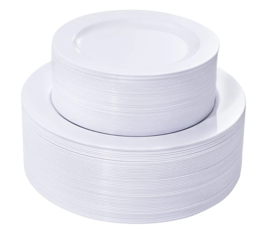 FLOWERCAT 100PCS White Plastic Plates-Heavy Duty White Disposable Plates for Christmas/Easter/Party/Wedding -Serve 50 guests 10.25inch & 7.5inch