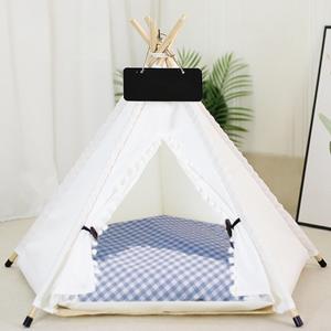 Cat Teepee Tent Bed,Outdoor Indoor Dog House Portable Washable Pet Tent for Small Dogs with Cushion Inside Pet Teepee for Small Medium Animals (Blue&White, M)