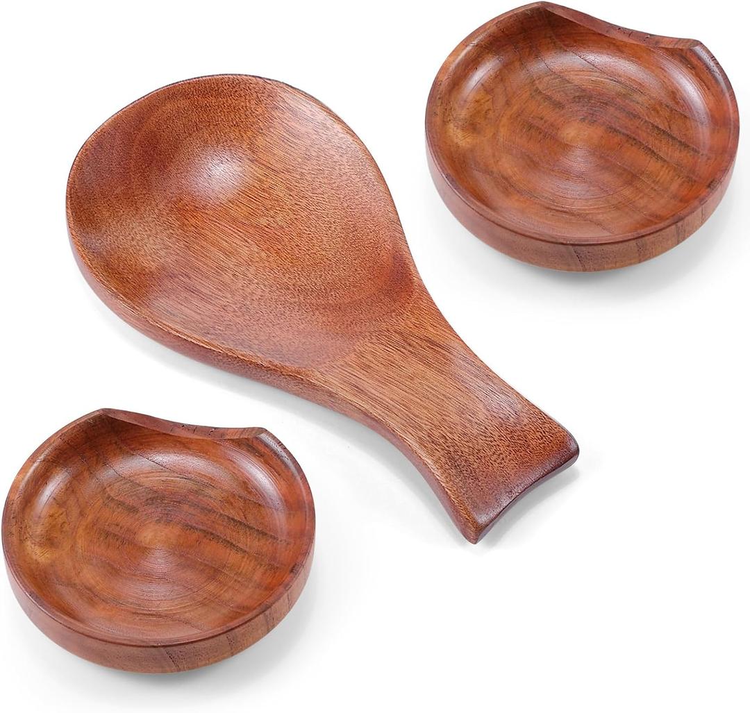 Patelai 3 Pcs Wood Spoon Rest for Stove Top 4 Inch Small Spoon Holder for Kitchen Counter Cooking Ladle Utensil Rest for Coffee Tea Farmhouse Rustic Kitchen Housewarming Christmas Gift(Brown)