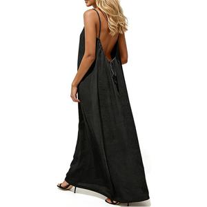 Backless Cami Dresses for Women with Back Tie Cami Lounge Dress Backless Sleeveless House Dress Long Sundress (Black, XL)