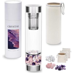 500ml Crystal Water Bottle with Removable Strainer - Includes Amethyst & Rose Quartz Stones, for Tea Lovers (16.9 Ounces)