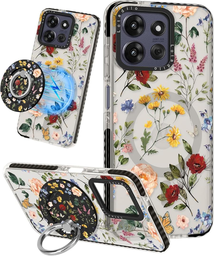 Cute Case for Moto G Power/Play 5G 2025 for Women Girls - Funny Retro Flower Design Compatible with Magsafe Ring Holder Magnetic Stand Kickstand Fashion TPU Phone Covers Kawaii