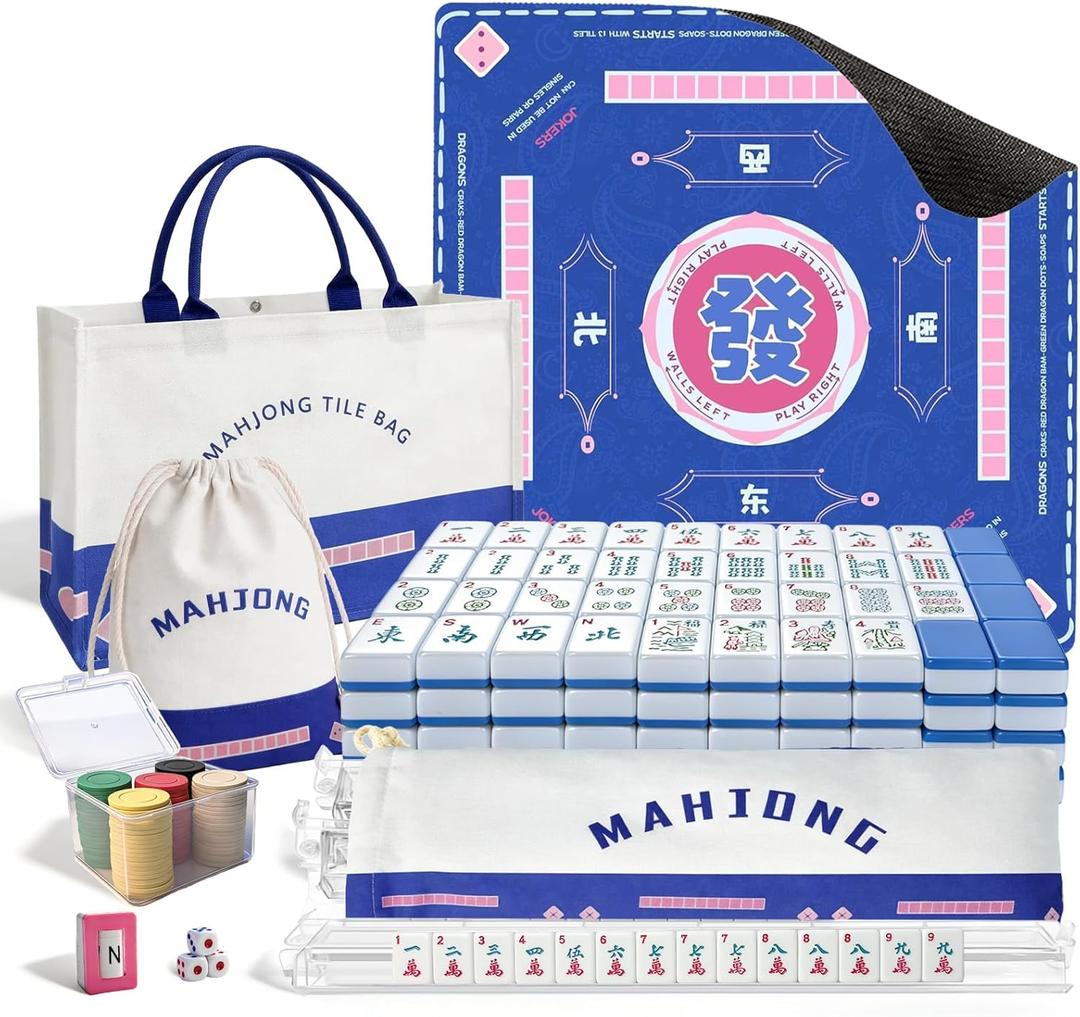 American Mahjong Tiles Set with Noise Reducing Mahjong Mat, 166 Blue Mahjong Game with Portable Storage Bags, 4 All-in-One Color Rack/ Pushers, Scoring, Plastic Coins Dices for Adults & Beginners