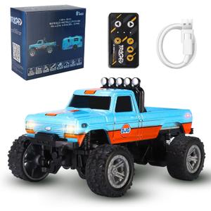 Mini RC Truck,1:64 Scale Monster Truck Remote Control Car with Lights, 2.4Ghz Remote Control RC Car and Trailer, Speed and Steering Adjustable (Blue-A)