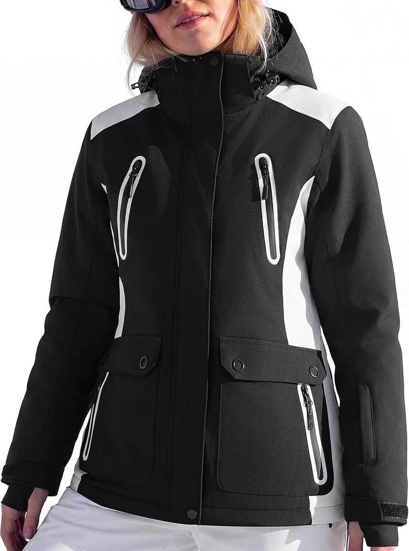 FREE SOLDIER Women's Waterproof Ski Snow Jacket Warm Fleece Lined Winter Rain Jacket with Hood Fully Taped Seams, White Black, 2XL