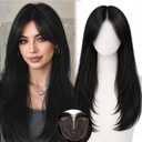 Jet Black Synthetic Hair Toppers for Women with Thinning 5x6 inch Large Base Coverage Clip in Wispy Bangs Upgraded Adjustable Bandage 20 Inch Long Layered