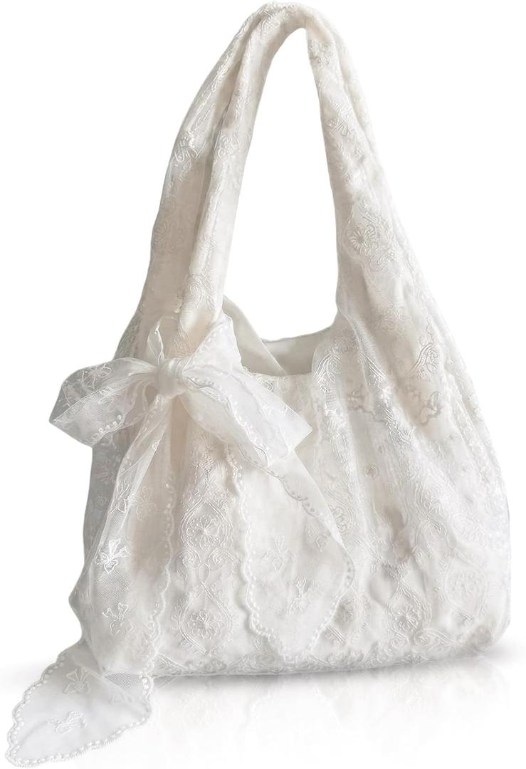 Lace Tote Bag Boho Purse Beach White Lace Shoulder Bag Chic Shabby Casual Handbag for Women Travel Vacation