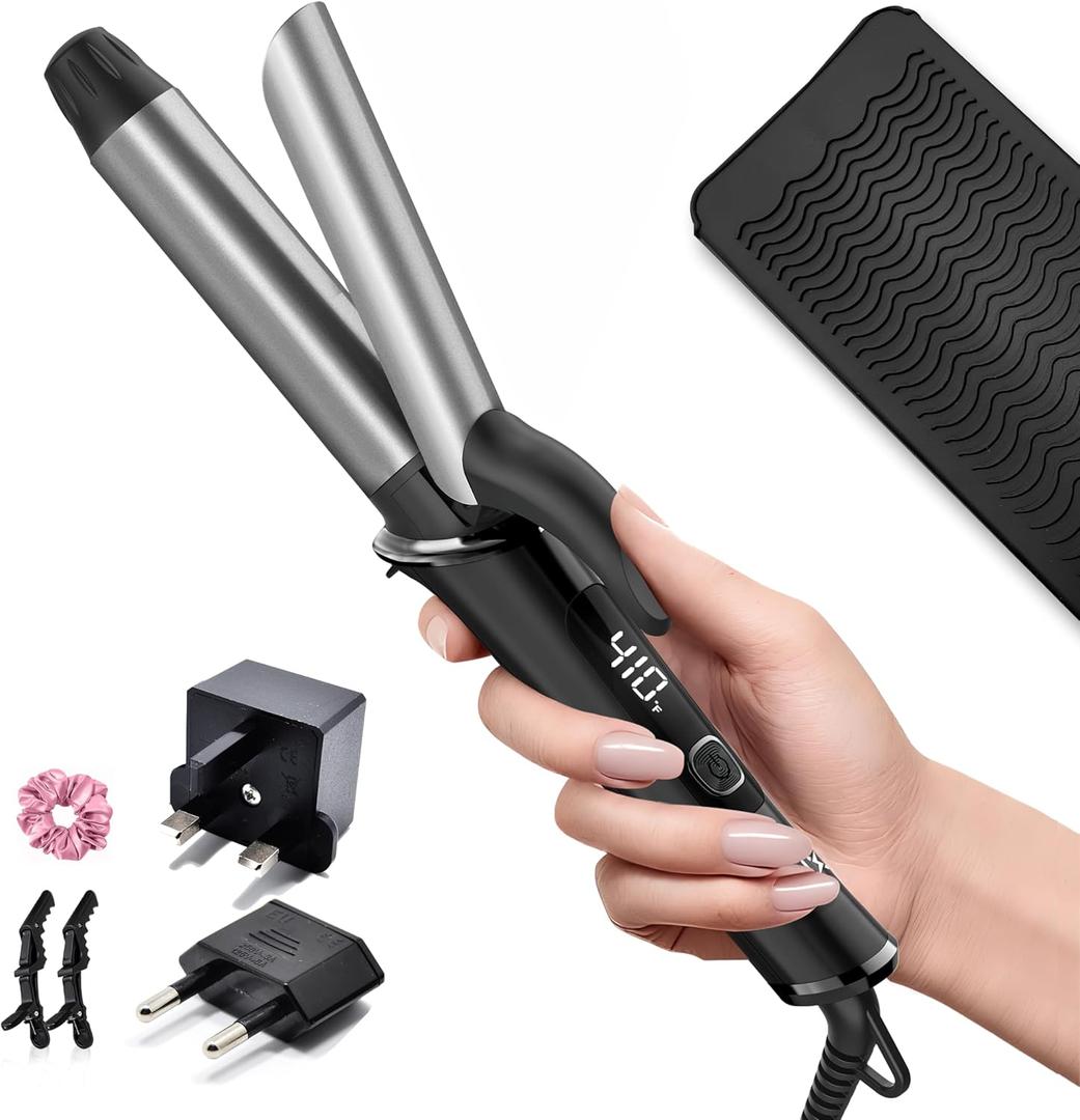 Dual Voltage Travel Curling Iron, 110-240V with European Plug Adapter, 1 Inch Mini Ceramic Curling Iron with Auto-Off & 30S Fast Heating, Small Curling Iron for Short Hair, Includes Heat Pad, Grey