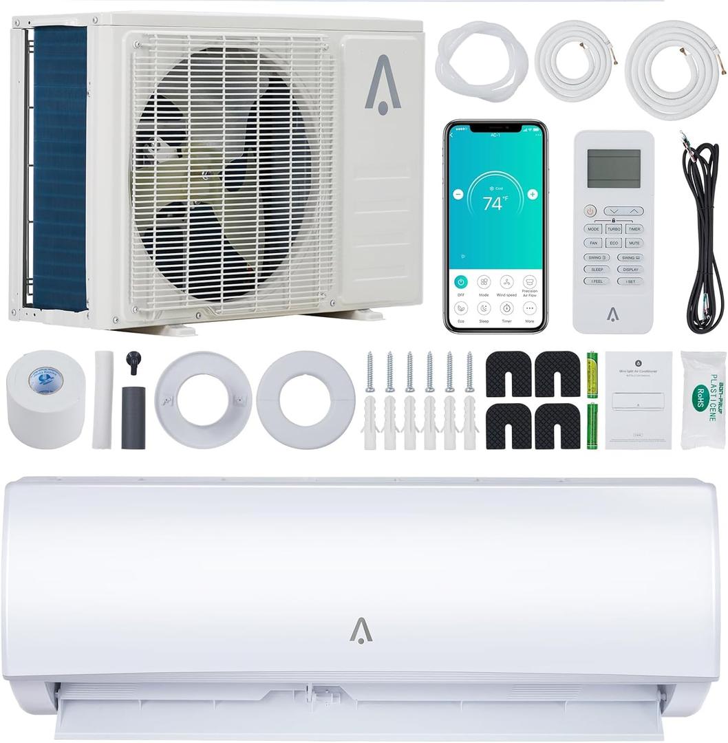 9000 BTU Mini Split AC/Heat Pump - WiFi Enabled, 19 SEER2, 115V, Cools 450 Sq.Ft, Alexa Compatible, Remote Control, Self-Cleaning, Includes Installation Kit