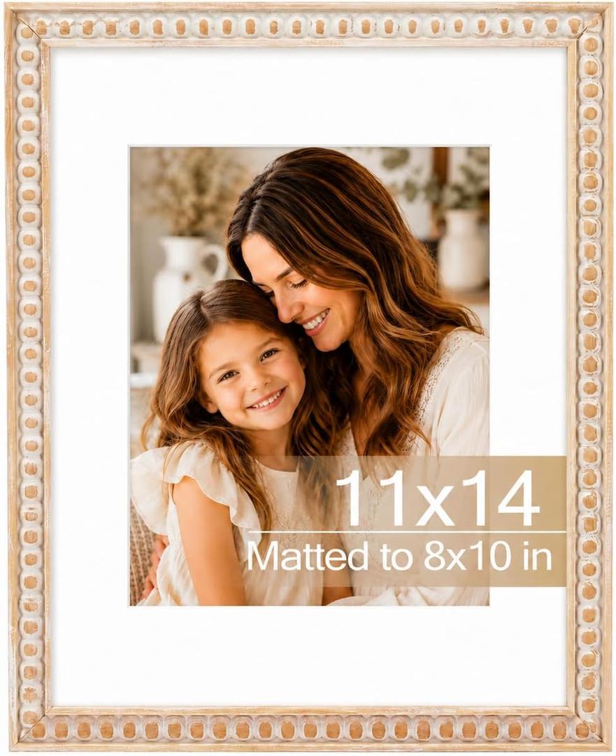 Solid Wood 11x14 Picture Frame Beaded Frame with 8x10 Mat, Rustic Vintage 11 by 14 Photo Frame Matted with Plexiglass for Wall Display, Rustic White