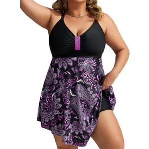 Hanna Nikole Womens Plus Size Swim Dress Swimsuit One Piece Tummy Control Bathing Suit Flowy Body Shaping Swimwear (X-Large, Puple Flower)
