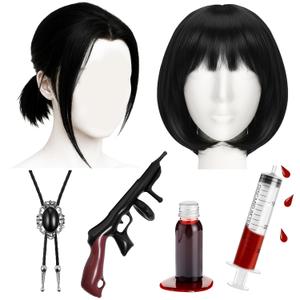 Halloween Movie Role Costume Black Boxer Wig with Tie Wig for Women Men Couple Inflatable Gun Prop for 90s Action Vintage Movie Cosplay