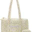 Molly Moon Top Zipper Floral Quilted Duffle Bag for Women, Yellow Quilted Small Floral Tote Bags with Coin Purse, Cute Cotton Shoulder Bag for Travel, Work, School