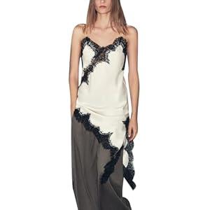 Women Silk Satin Extra Long Camisole Lace Asymmetrical Trim Cami Tank Crop Tops Y2k Silky High Low Hem Lace Layering Slip Dress White Small 