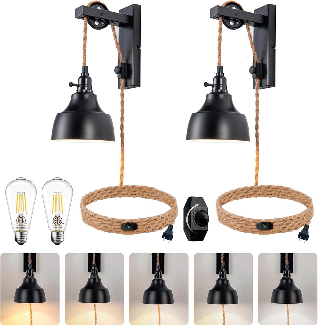 8FT Dimmable Plug in Wall Sconces Pulley Wall Lamps Vintage Hanging Light Fixture Wall Lights with Plug in Dimmable Switch Set of Two Black Wall Lamp for Bedroom, Living Room and Hotel