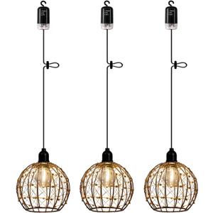 3X Battery Operated Pendant Lights Kitchen Island Outdoor Chandelier for Gazebo Hanging Lamp with Remote Timer LED Bulbs Metal Globe Ball Shade Ceiling Drop Lantern for Bedroom Corner Porch