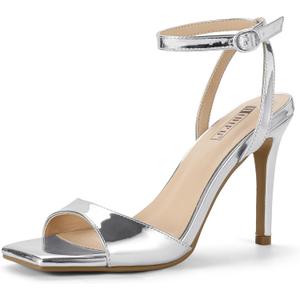 IDIFU IN4 High Stiletto Heels Square Peep Open Toe Strappy Heeled Sandals Wedding Bridal Prom Party Evening Dress Shoes for Women Comfortable Dressy Cute Sexy Ankle Strap Heels (7.5, Silver Patent)