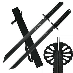 KCCEDGE BEST CUTLERY SOURCE 2PC Combo Full Tang 28in Tanto Ninja Katana Twin Sword Machete w/Nylon Sheath + Black Chinese Engraved on Blade Edition
