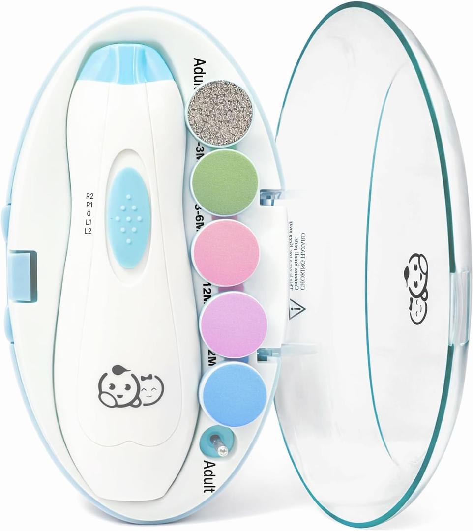 Royal Angels Upgraded 6 in 1 Baby Nail Trimmer with Labeled Case, 4 Colored Pads for Newborns to Toddlers, Whisper Quiet Electric Nail File with LED Light, Safe Manicure Set for Families (Babyblue) (8 Piece Set)