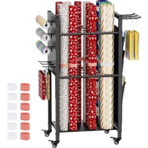 Khordin Wrapping Paper Storage Organizer with Wheels, Gift Wrap Storage Station with Ribbon and Gift Bag Storage, Rolling Craft Storage Cart with 12PCS Slap Bands, Christmas Decor, Black