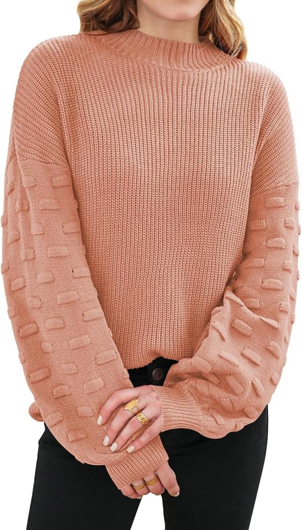 Sovoyontee Women's 2025 Fall Oversized Crewneck Long Puff Sleeve Chunky Knit Pullover Sweater Tops, Large