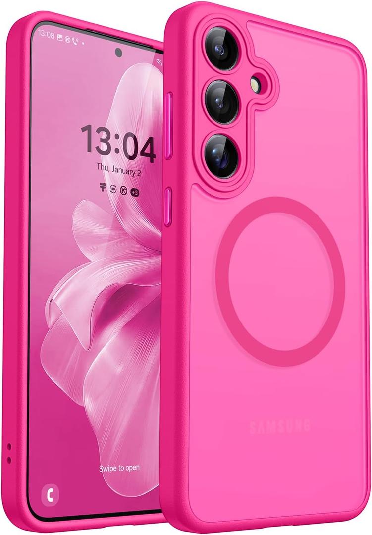 CANSHN Designed for Samsung Galaxy S25 Case (2025) [Full Camera Protection] [Compatible with Magsafe] Translucent Matte Back Protective Phone Cover, Hot Pink