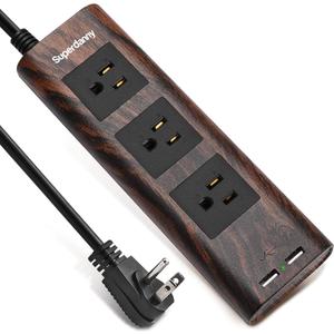 Surge Protector Power Strip 10 ft Extension Cord 3 Outlet 2 USB Wood Grain Desktop Charger Fire-Retardant with Fastening Cable Tie for iPhone iPad Computer SUPERDANNY