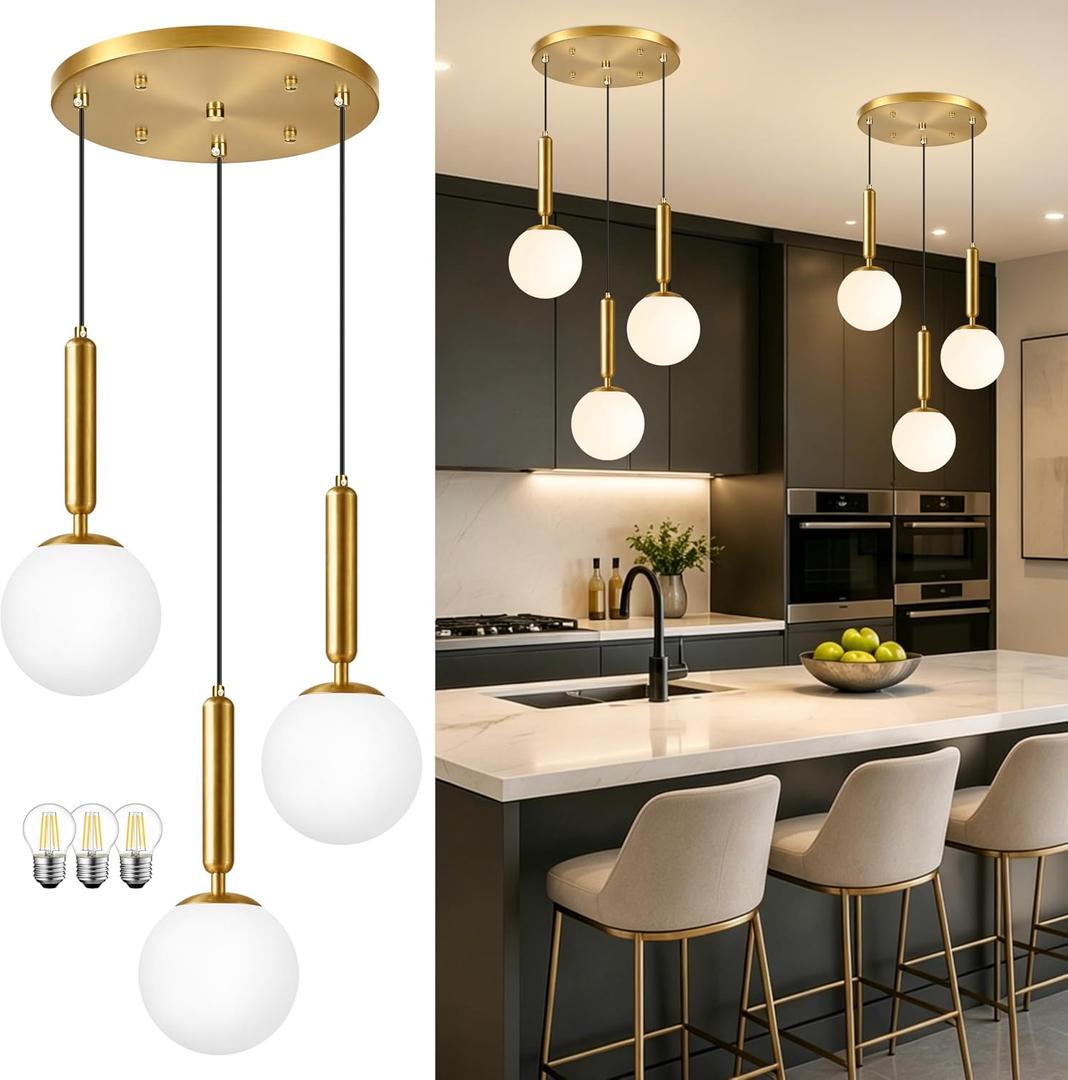 Gold Modern Cluster Chandelier 3-Light Mid Century Globe Pendant Light with Milky White Glass Adjustable Hanging Light Fixture for Kitchen Island Dining Room Living Room Bedroom Bulbs Incl.