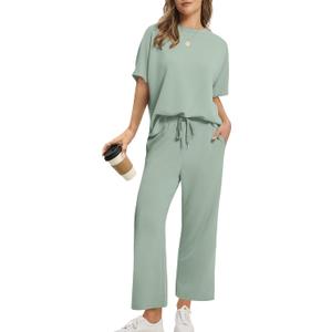 Sampeel Two Piece Sets for Women Summer Outfits Oversized Wide Leg Crop Pants Lounge Sets Airport Beach Vacation Clothes (Small, Sage Green)