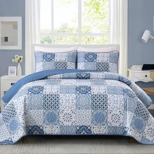 Dobuyly Blue Quilt Set Queen Size, Boho Mineral Blue Plaid Patchwork Bedspreads Coverlet Set, 3 Pieces Soft Lightweight Microfiber Quilt Bedding Set for All Seasons 96"x90"