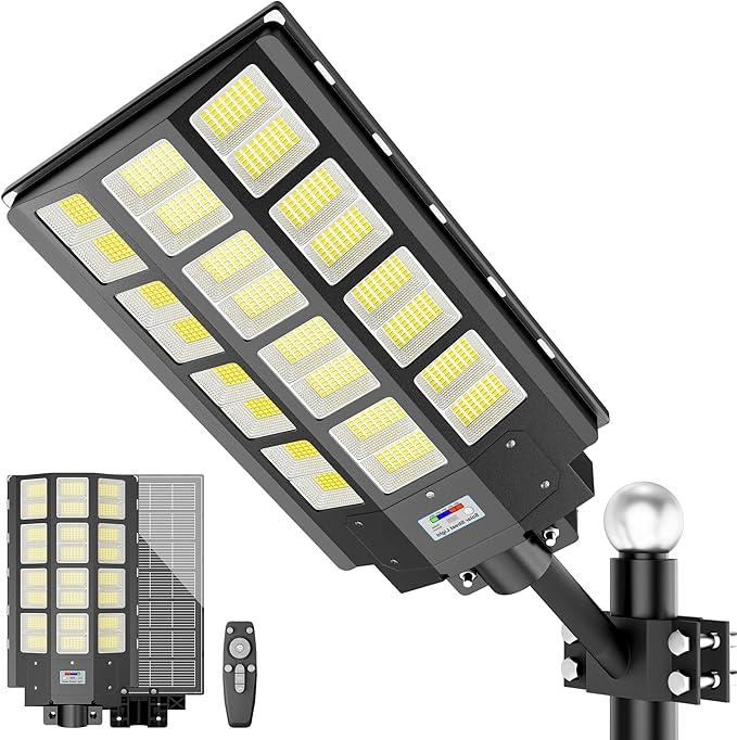 loyoele 3-Pack 9000W Solar Flood Lights Outdoor, Wide Angle 4800000LM Commercial Parking Lot Light Solar Street Light Outdoor Security IP66 Lamp for Basketball Court, Road, Garden (Black)