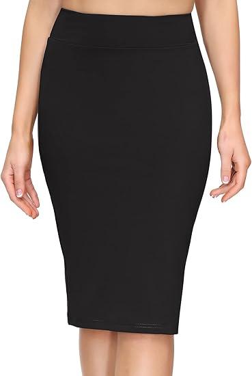Yige Women's Premium Stretch Office Pencil Skirt Made Below Knee (Black)
