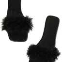 BEAUDRM Women's Sexy Flat Sandals Fuzzy Feather Dressy Flat Sandals Slip On Square Slipper Open Toe Fuzzy Slides Slippers, 8, Black