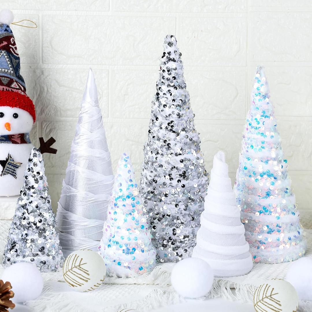6 Pcs 12" 10" 6" Christmas Velvet Cone Tree Decoration White Silver Glitter Christmas Table Decor Xmas Snowy Farmhouse Trees Tiered Tray Ornament for Home Holiday Tabletop Tree Centerpiece Decor