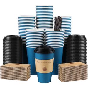 Clawsoff 100 Pack 16 oz Coffee Cups with Lids, Disposable To Go Paper Coffee Cups with Sleeves and Stirring Sticks for Hot/Cold Drinks Office Home Shop Event (Navy)