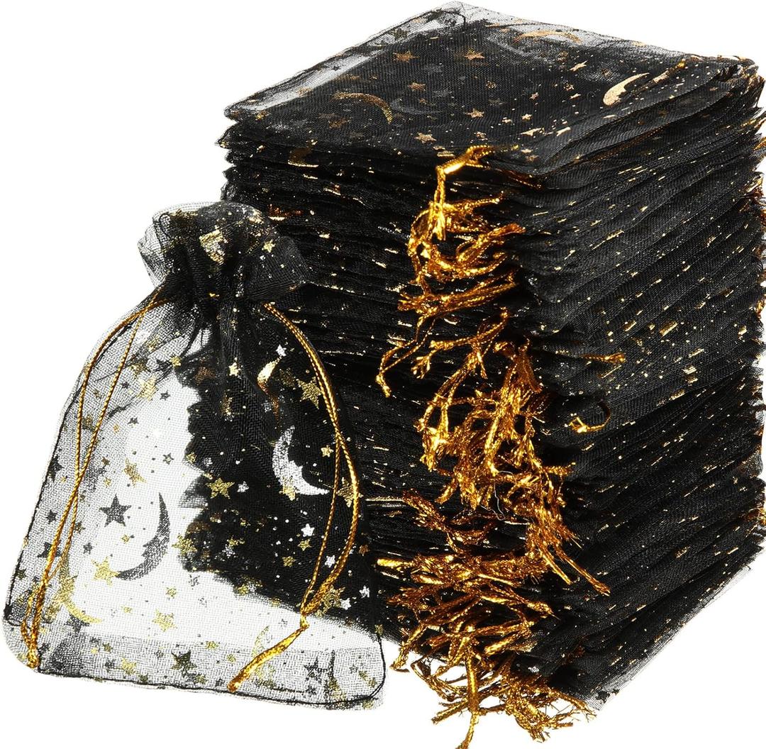 Shappy 150 Pieces Moon Stars Drawstring Organza Bags Jewelry Gift Bags Pouches Gold Star Organza Favor Pouches for Christmas Wedding Party (Black, 3.5 x 4.7 Inch)