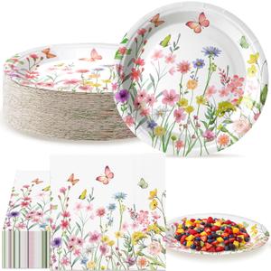 Qinyoung 100 Pcs Wildflower Party Supplies Paper Plates and Napkins Disposable Spring Floral Baby Shower Birthday Tableware Decorations for Spring Summer Picnic Wedding Tea Party, Serve 50 Guests