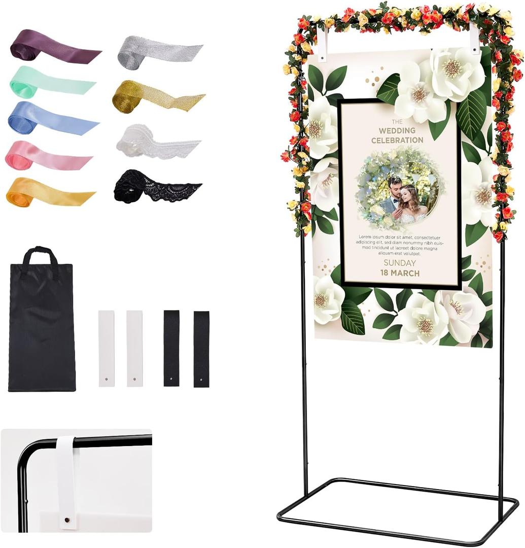 Wedding Sign Stand - Adjustable Wedding Sign. With Leather and Satin Hanging Straps, flowers and Storage Bag. Sturdy Easel Stand for Wedding Welcome Signs, Seating Charts, Ceremony Birthday Graduation Party. (Black)