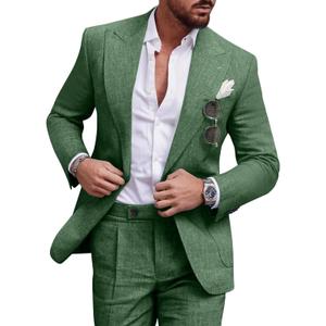Linen Men Suit Set Casual Tuxedo 2 Piece Regular Fit Blazer One Button Solid Jacket and Pants for Prom Wedding Party (Dark Green) XL 