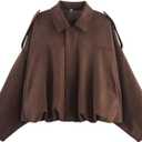 Xunger Women's Faux Suede Bomber Jacket Spring Lapel Pilot Coat Casual Oversized Long Sleeves Trendy Streetwear Outerwear, Brown, Medium