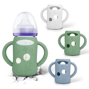 BUSOHA 3 Pack Silicone Sleeves for Lansinoh Glass Bottles - Wide Neck Baby Bottles Sleeves for Lansinoh Bottles Baby Anti-Colic Bottle Holder with Handle Anti Breakage Silicone Protector,5 oz (White + Green + Blue)