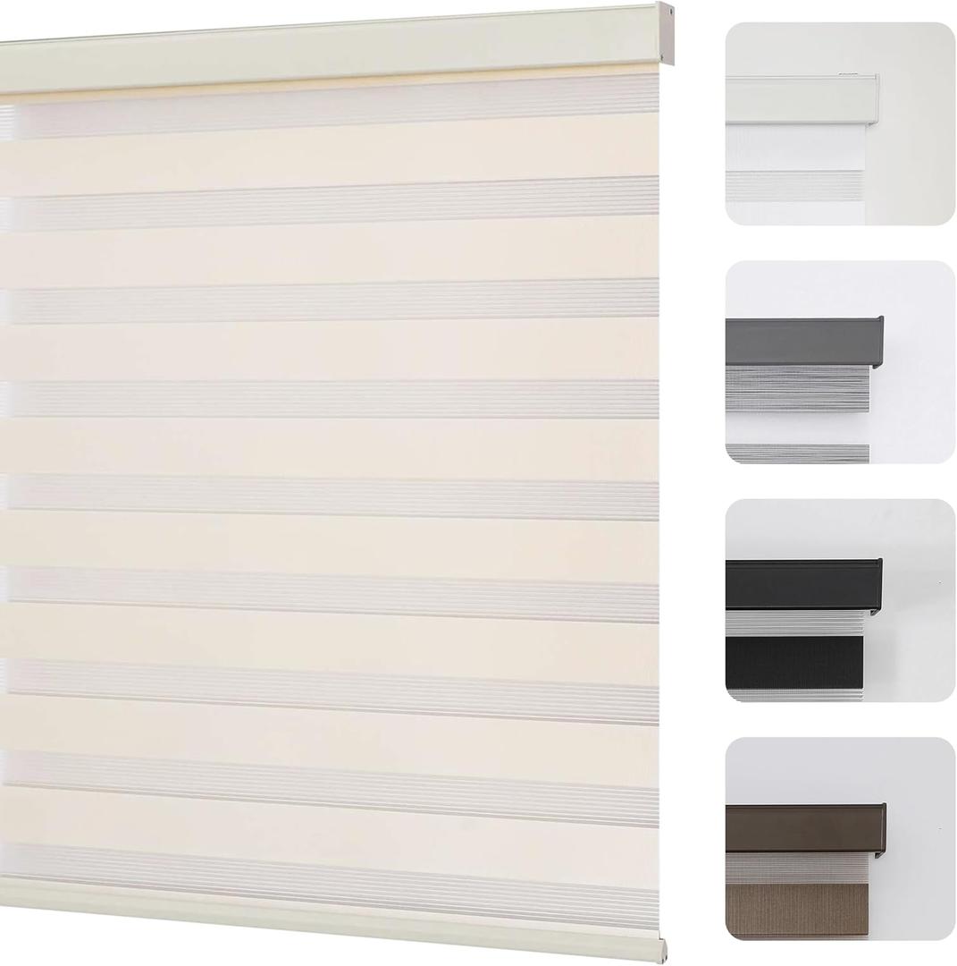 Joydeco Cordless Zebra Blinds for Windows, Dual Layer Light Control Window Blinds with Light-Proof Aluminum Cover, Free-Stop Roller Shades for Home & Office (Beige,35" W x 75" H)