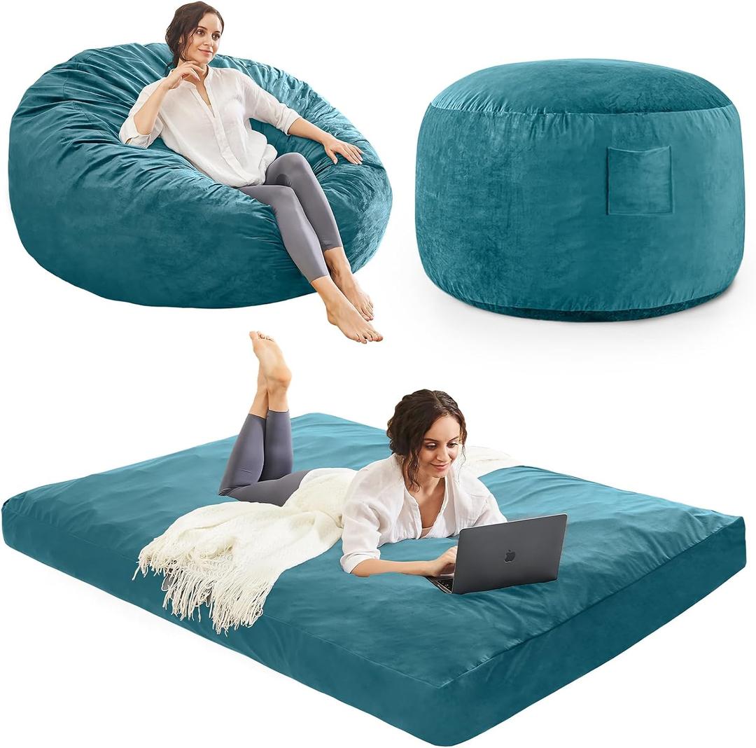 Bean Bag Chairs for Adults - Giant Bean Bag Chair Convertible Bean Bag Bed - Beanbag Chair with Micro Fiber Cover/Furniture Foam Filler - Floor Couch Sofa in Bedroom Dorm Room - Queen Lake Blue