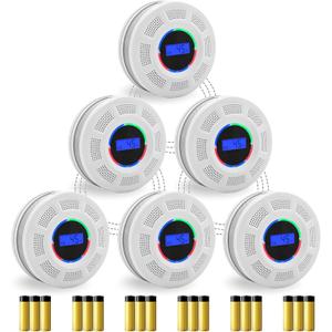 Wireless Interconnected Smoke Carbon Monoxide Detector Battery Powered, Interlinked Combination Smoke and Carbon Monoxide Detector Alarm with Digital Display, Silence Button (White-6Pcs), EXP: 03/13/2031